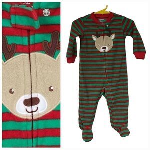 Carter's 9M FLEECE Footed PJs Pajama REINDEER Christmas Holiday Green Red Stripe